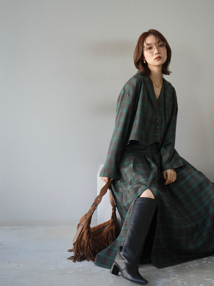 [SET]チェック柄ショートジャケット+チェック柄ベスト+チェック柄タックフレアスカート(3set)