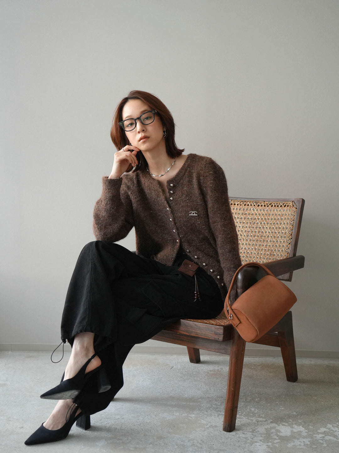 [予約]ブローチ付silverボタンミックスニットカーディガン/brown