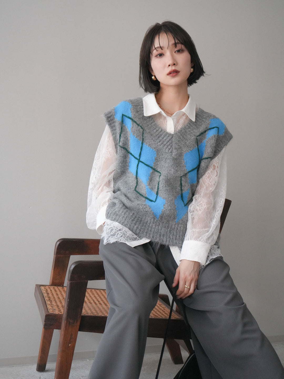 [SET]アーガイルVネックニットベスト+選べるアクセセット(2set)