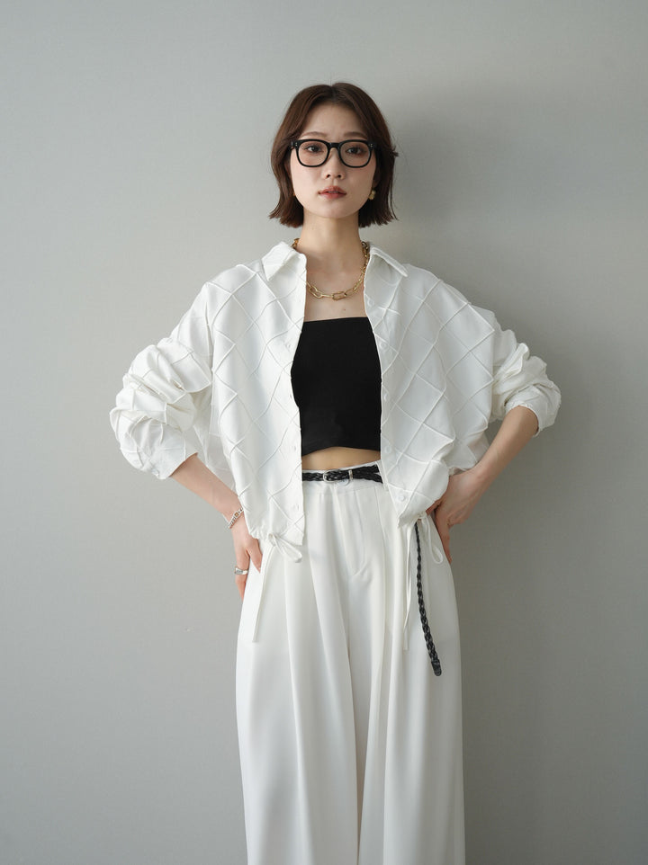 [SET]パイピングクロスデザインブラウス+編み込みベルト付タックワイドパンツ(2set)