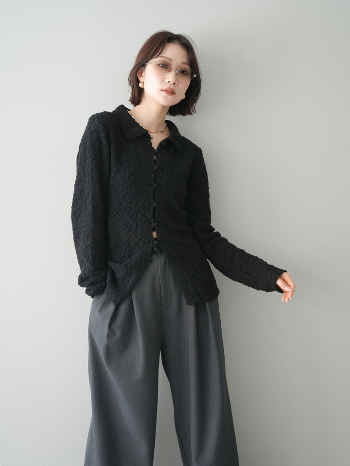 [予約]透かし編みブークレポロニットトップス/black