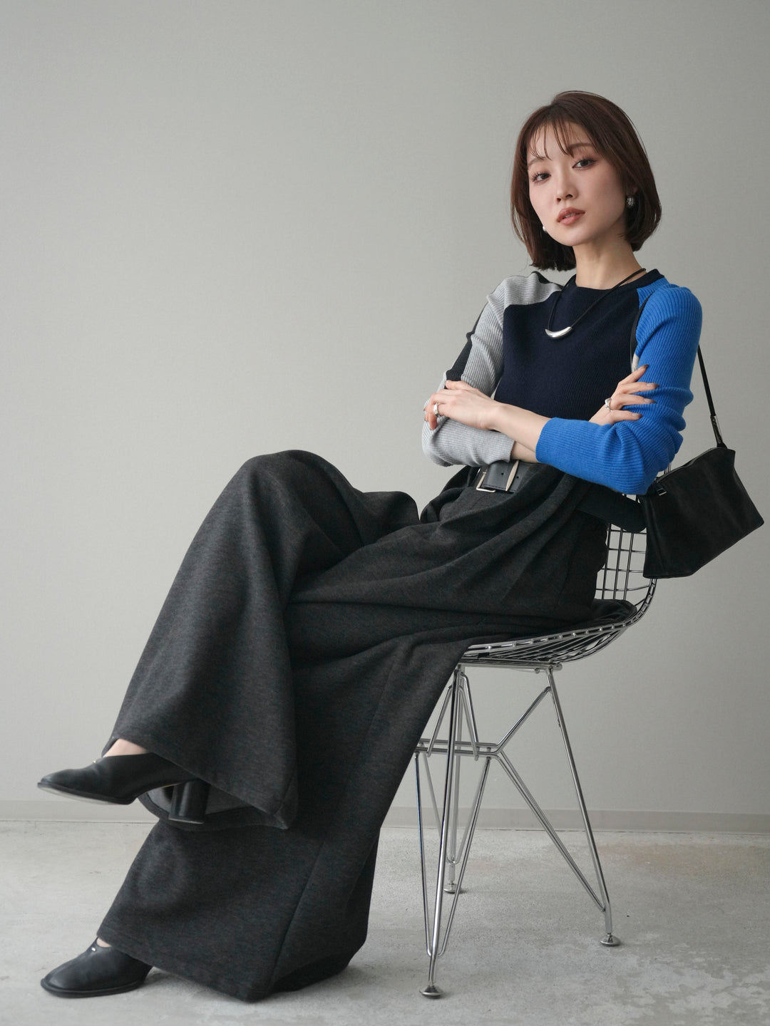 [SET]バイカラーラグランニットトップス+ベルトデザインループウールワイドパンツ(ベルト付)(2set)