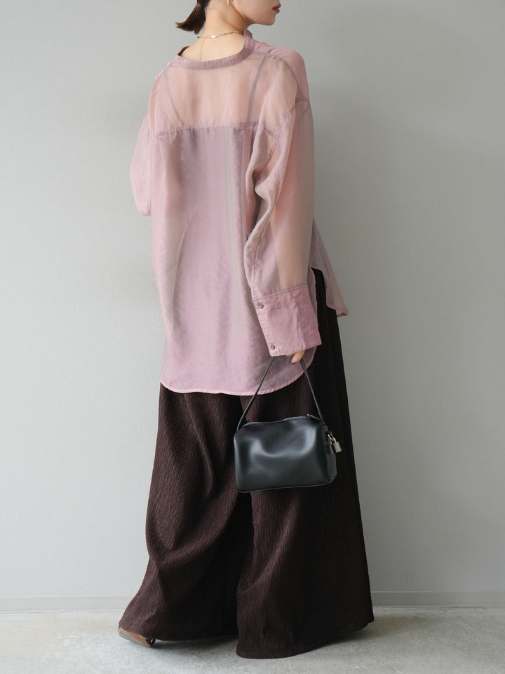 [SET] 亮面透視立領襯衫 + 柳葉寬褲 (2set)