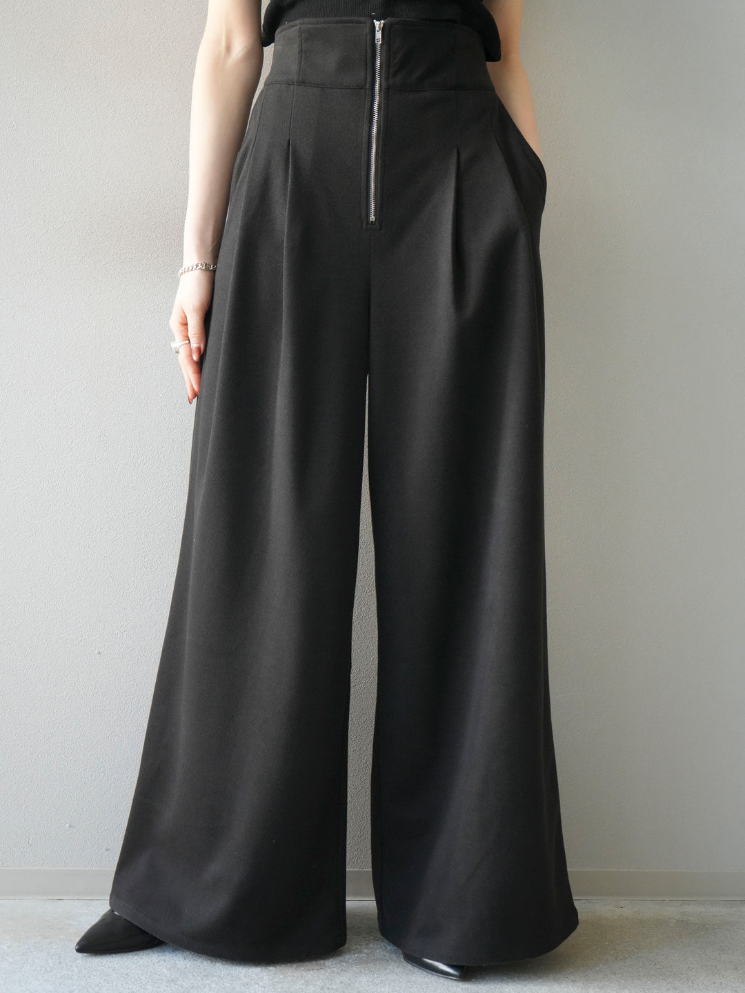 [予約]ウールタッチフロントジップパンツ/black