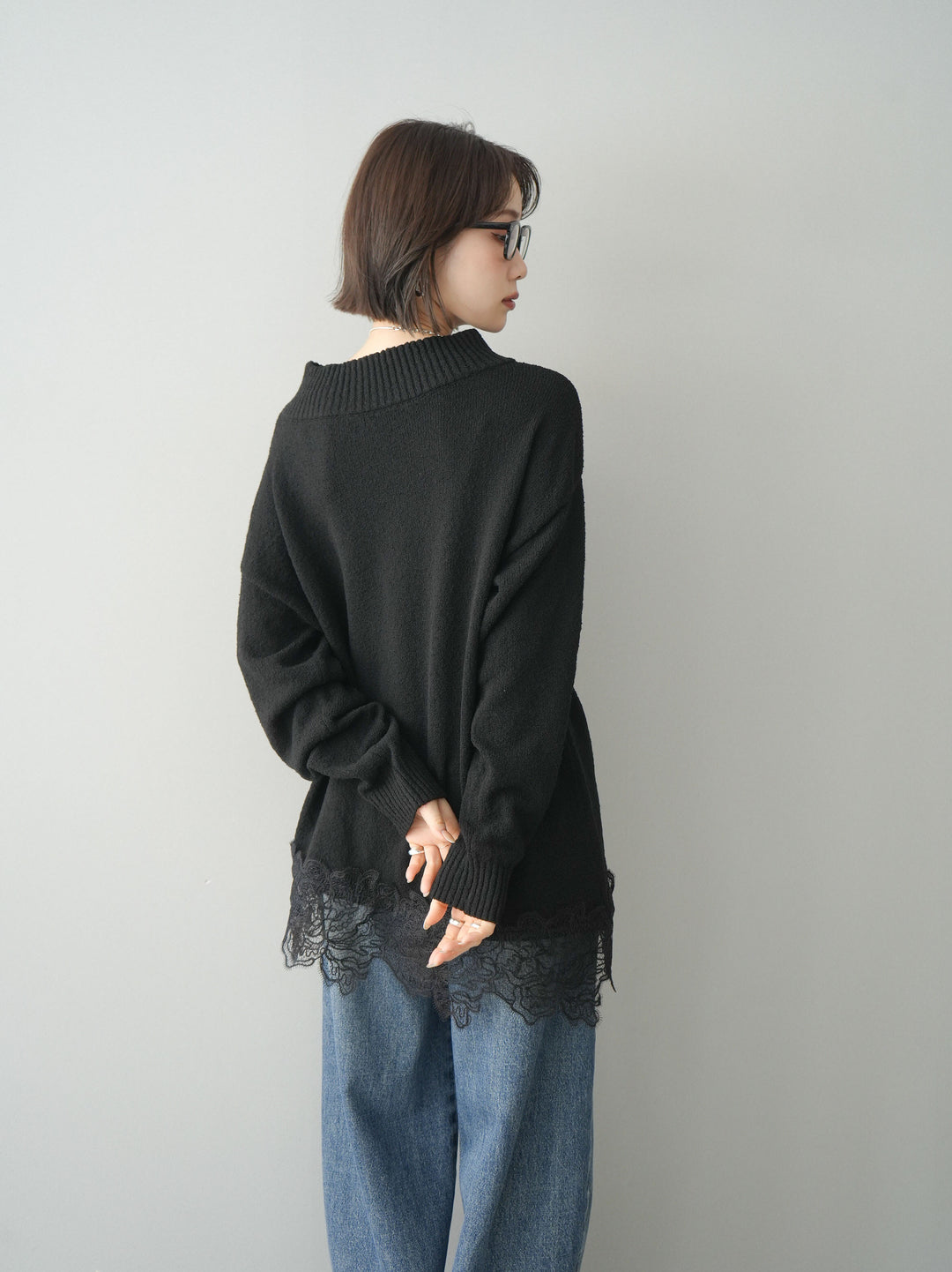 [SET]アシンメトリーレースヘムニットプルオーバー+アシンメトリーレースヘムニットプルオーバー(2set)