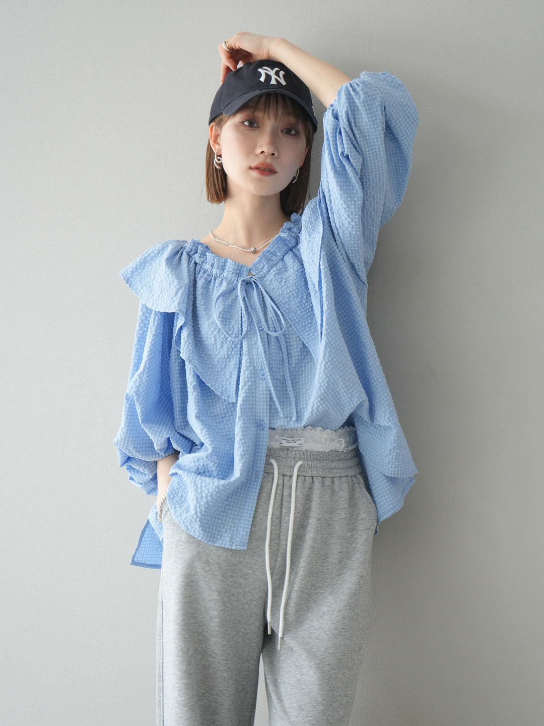 SET]ラッフルカラーブラウス+レースレイヤードスウェットパンツ(2set 