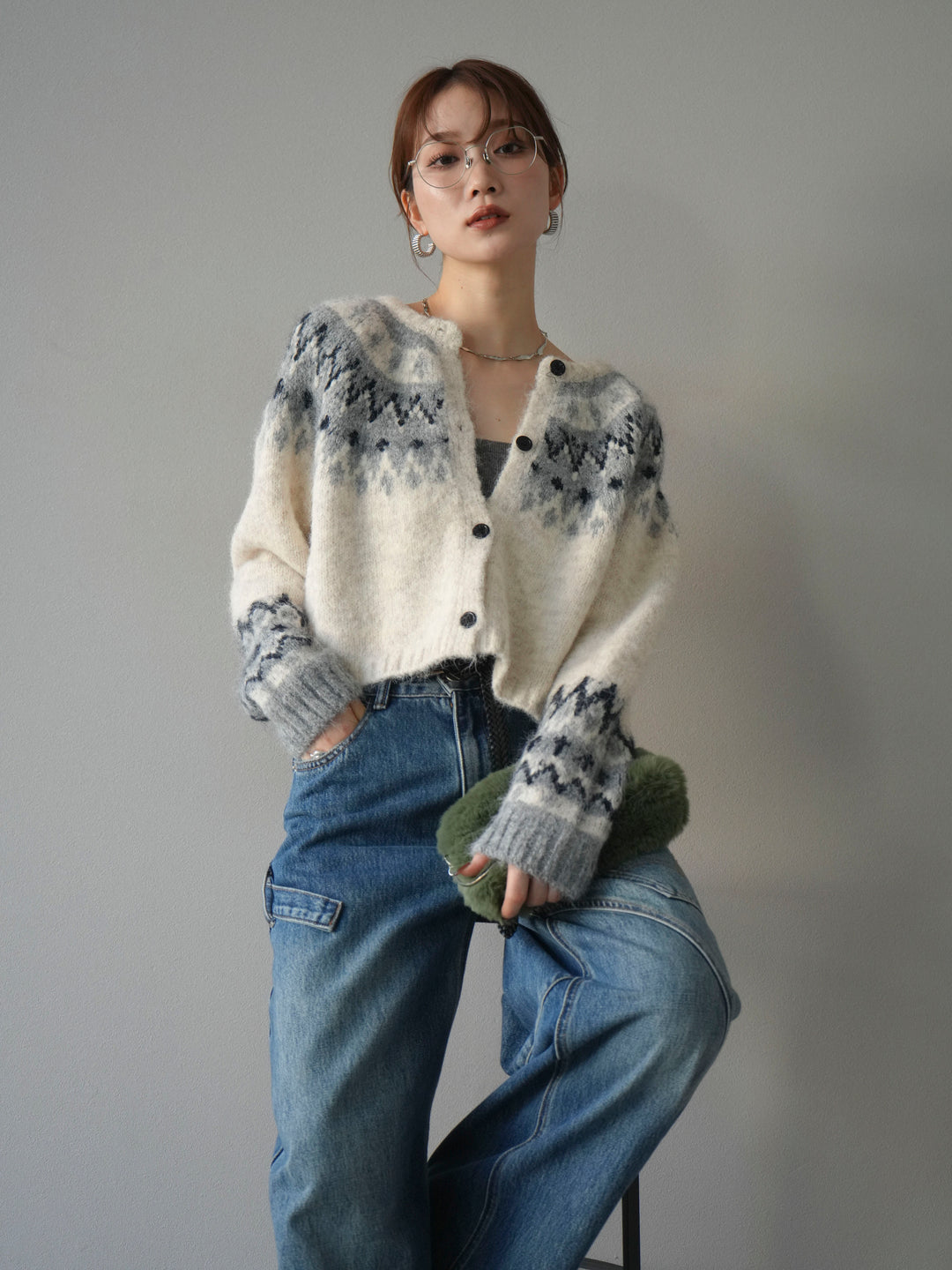 【着回しセット】[SET]求心柄クロップドニットカーディガン+ミックスヤーンペイズリー柄ニットカーディガン+ペインターカーブデニムパンツ(3set)