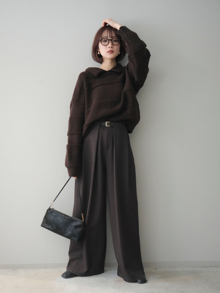 [SET]襟付きボーダー編みニットプルオーバー+ベルトループデザインワイドパンツ(2set)