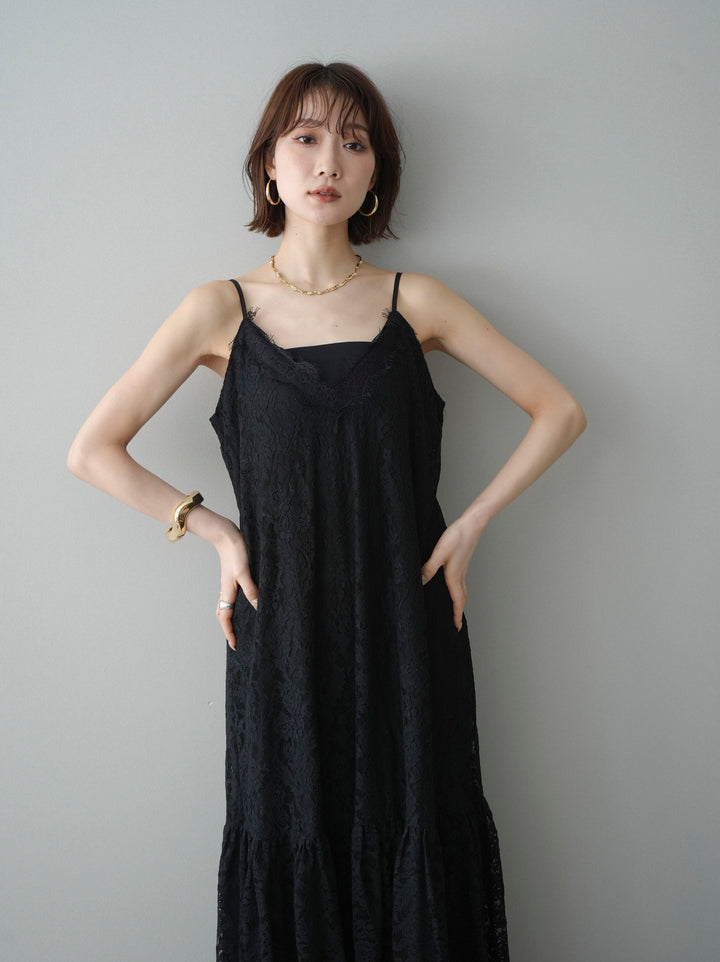 [予約]ギャザー切替レースキャミワンピース/black