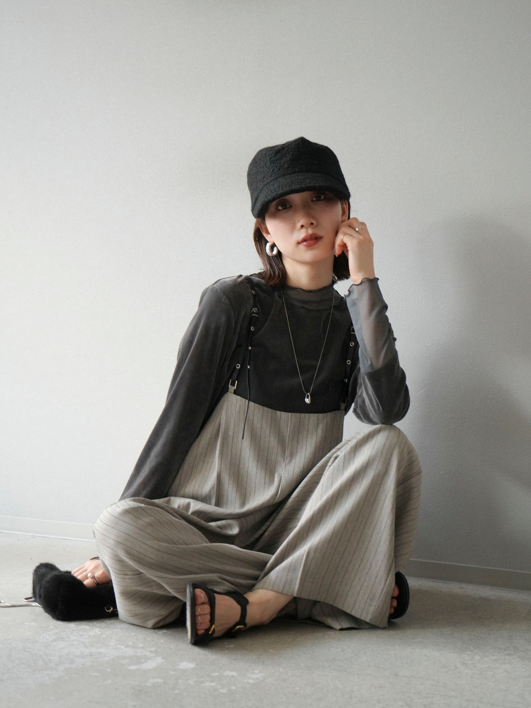 [予約]ヘリンボーンストライプサロペット/グレージュ