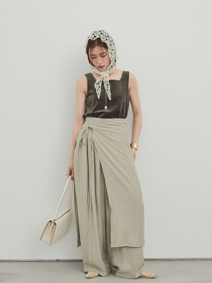 [SET]スクエアベロアタンクトップ+ワッシャーサテンレイヤードスカートパンツ(2set)