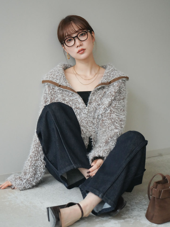 [予約]ミックスシャギージップニットカーディガン/brown