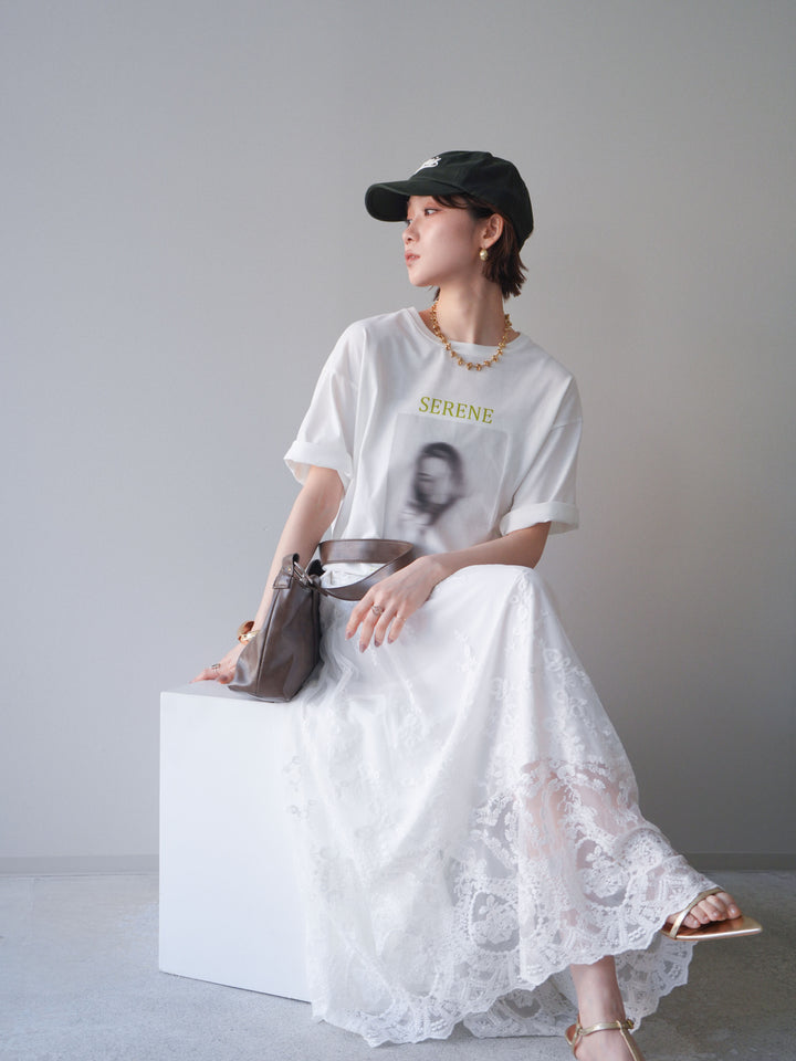 [SET]ブラーアートフォトTシャツ+シアーレースマキシスカート(2set)