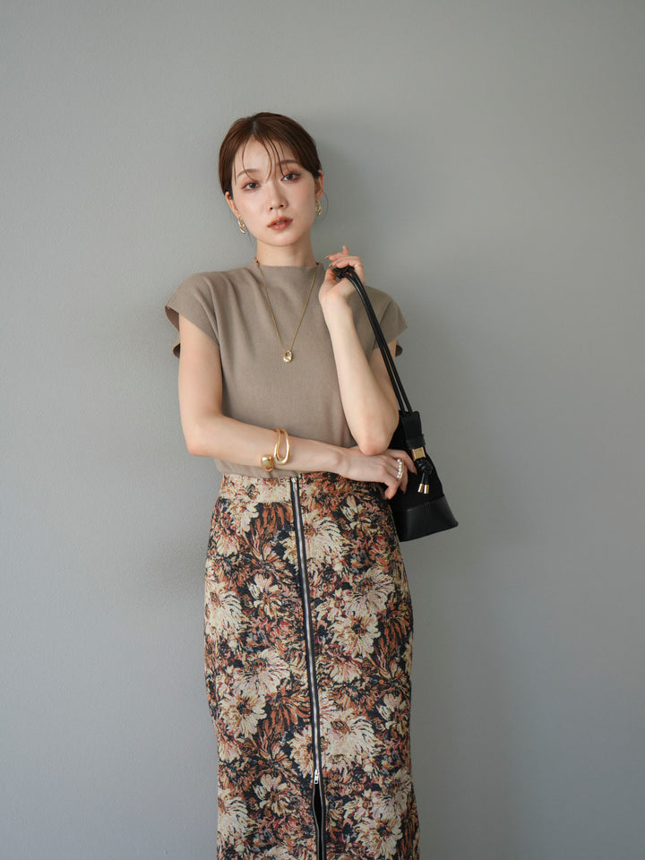 [SET]プチネックフレンチニットトップス+ゴブランフロントジップタイトスカート(2set)