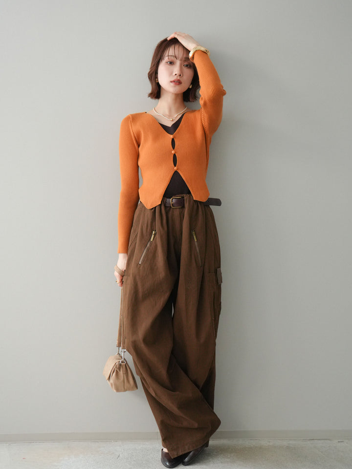[SET]Vネック配色レイヤードスリットニットトップス+コットンタックループパンツ(2set)