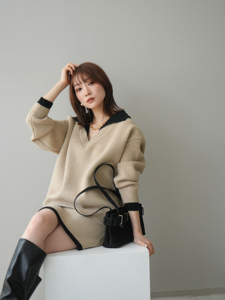 [SET]配色襟ニット＆ミニスカートSET UP+配色襟ニット＆ミニスカートSET UP(2set)