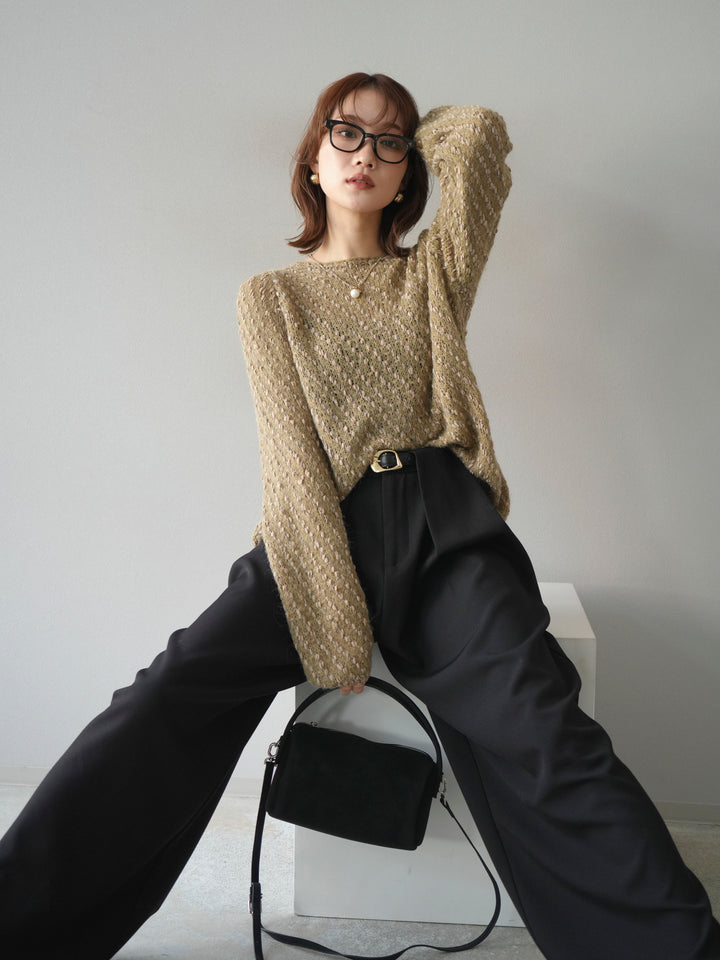 【着回しセット】[SET]求心柄クロップドニットカーディガン+異素材ミックスヤーンニットプルオーバー+ベルトループデザインワイドパンツ(3set)