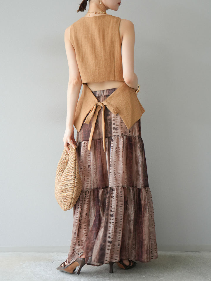 [SET]リネンタッチバックオープンベスト＆ニュアンス柄マキシスカートSET UP(2set)