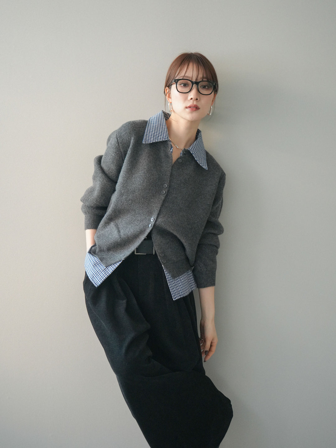 [予約]チェックシャツ襟ニットカーディガン/darkgray
