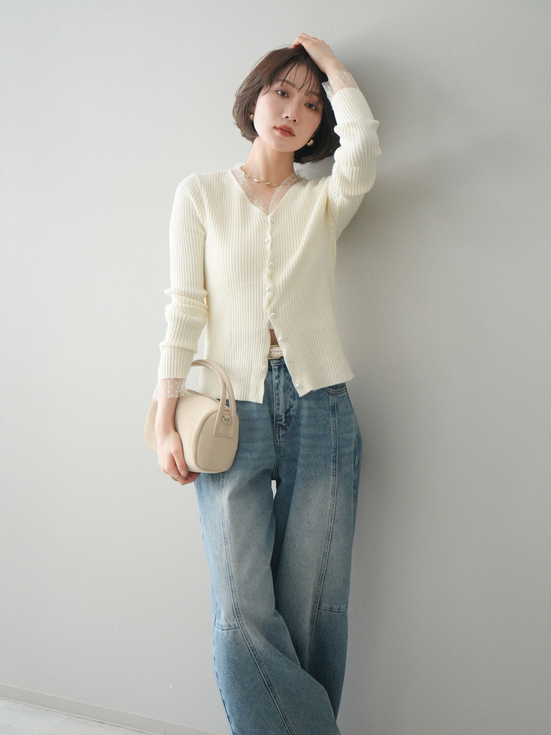 [SET]チュールドッキングパールボタンニットカーディガン+選べるアクセセット(2set)