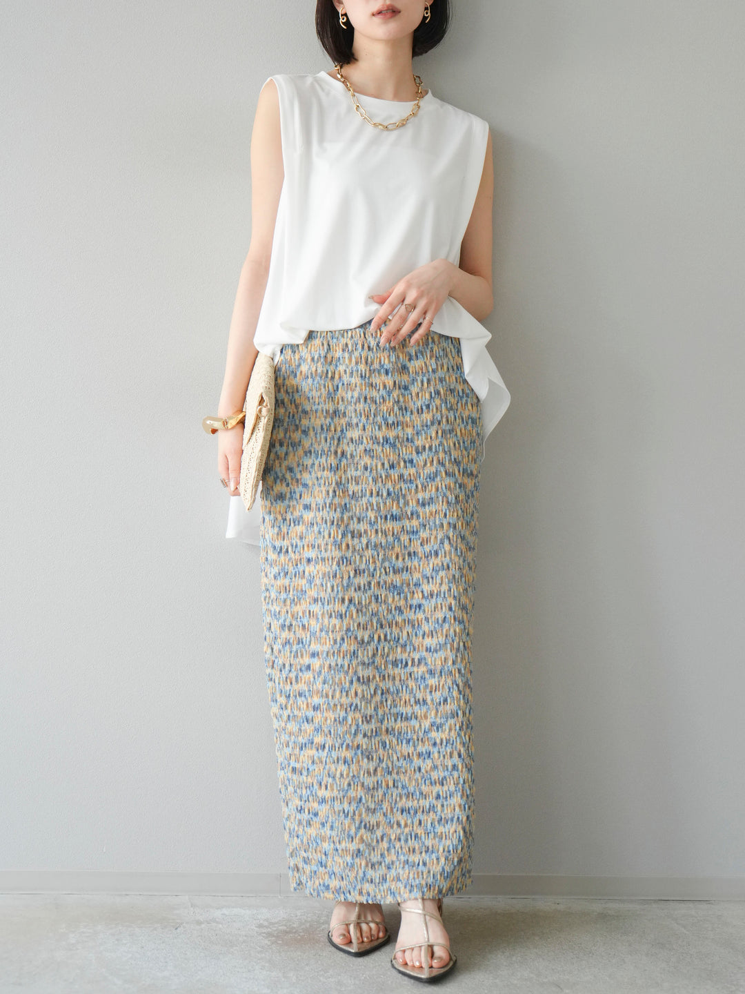 [予約]マルチカラーランダムプリーツタイトスカート/イエロー