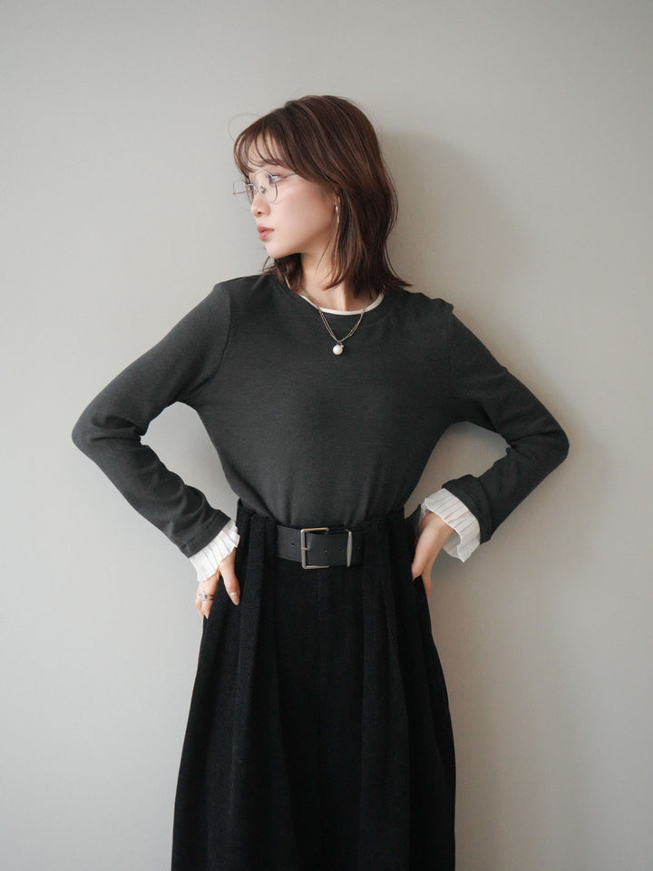 [SET]袖プリーツ配色レイヤードトップス+ベルトデザインループコールテンワイドパンツ(ベルト付き)(2set)