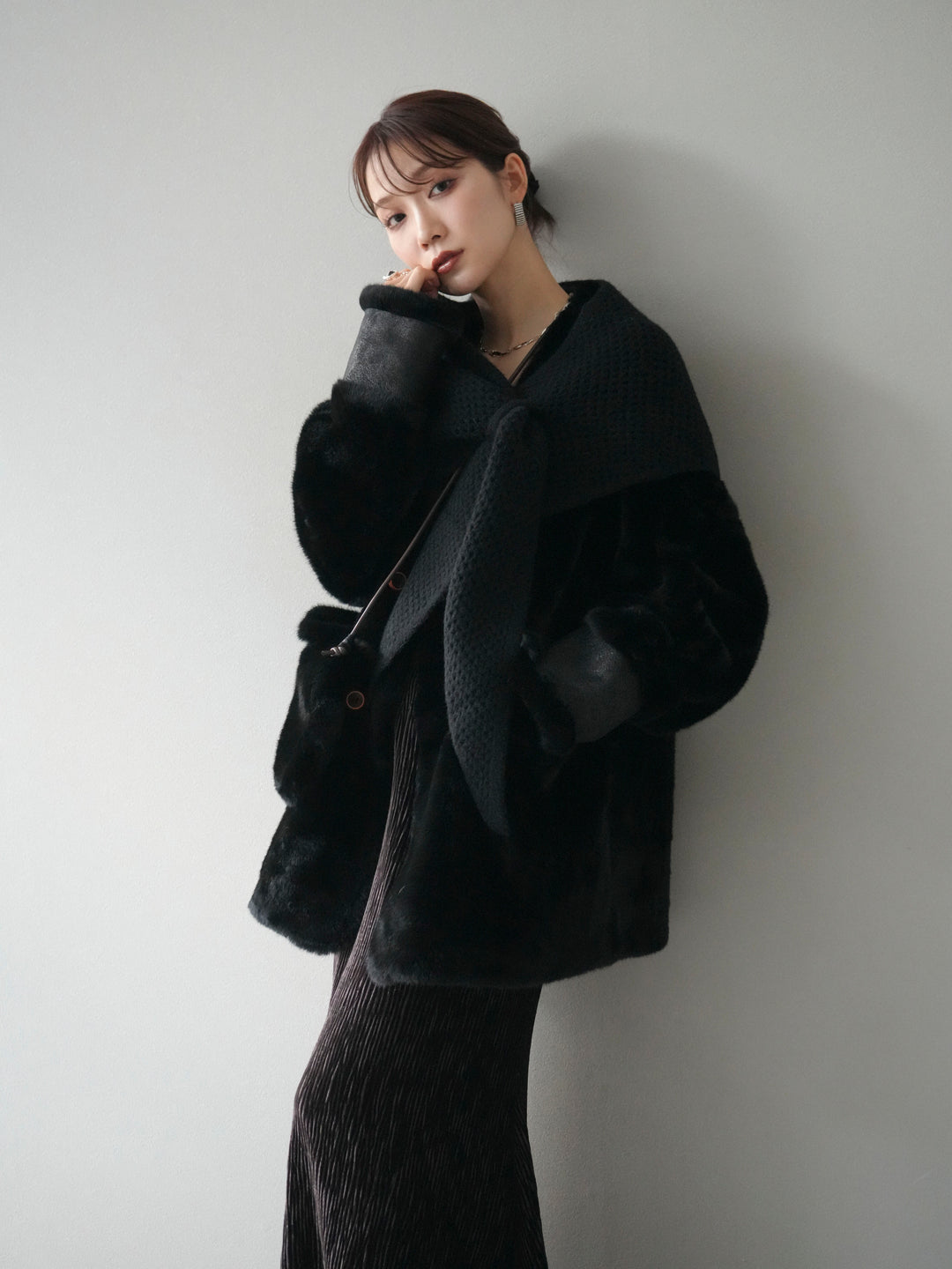 [予約]バッグ付エコファーノーカラーコート/black