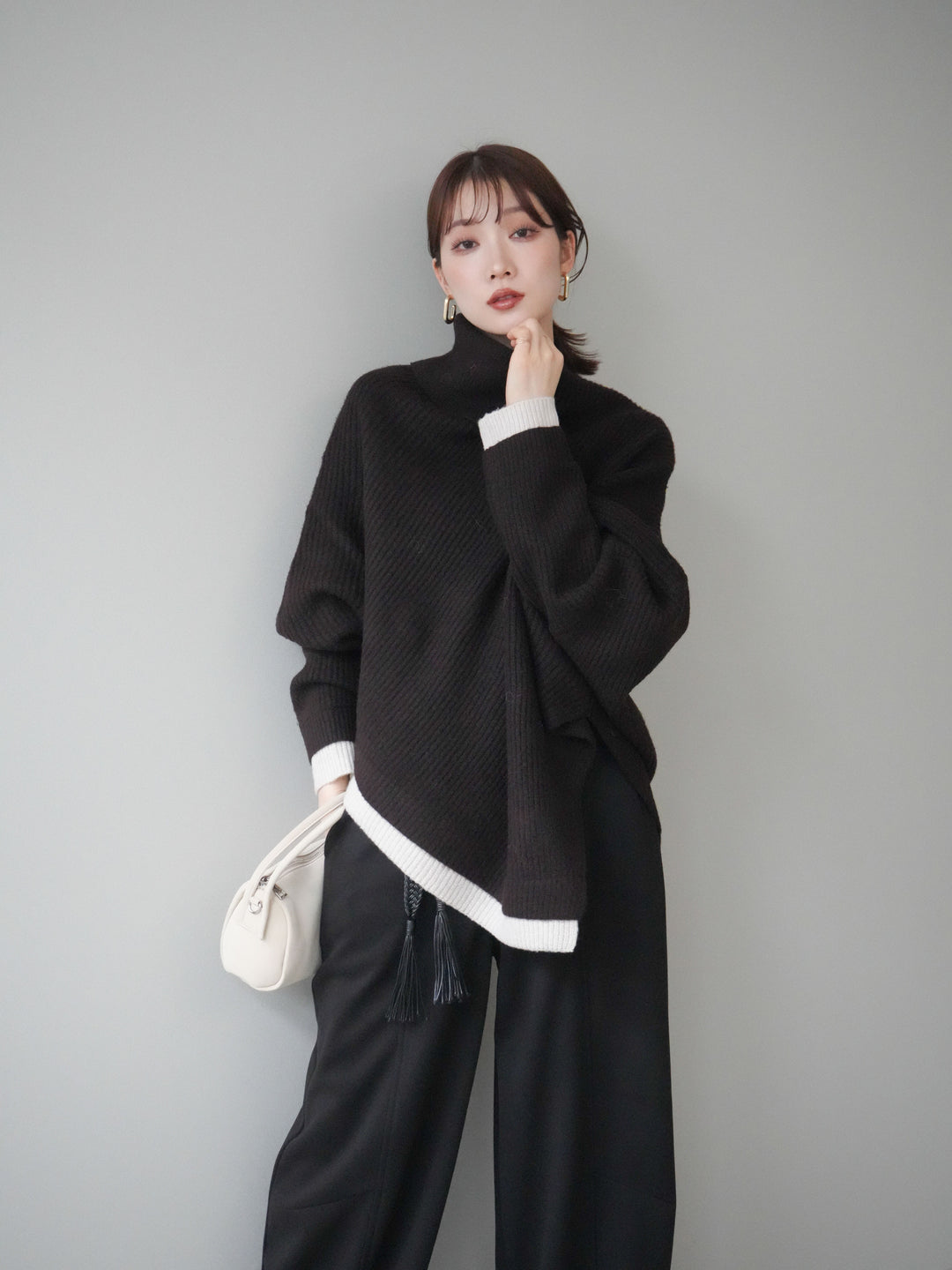 [予約]配色アシンメトリードルマンニットプルオーバー/brown