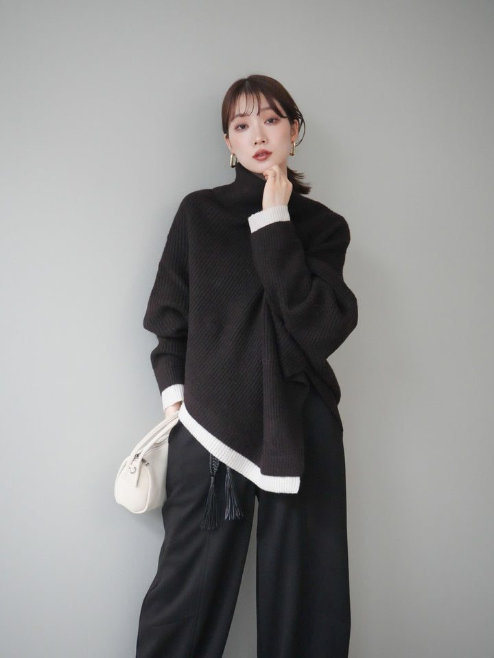 [予約]配色アシンメトリードルマンニットプルオーバー/brown