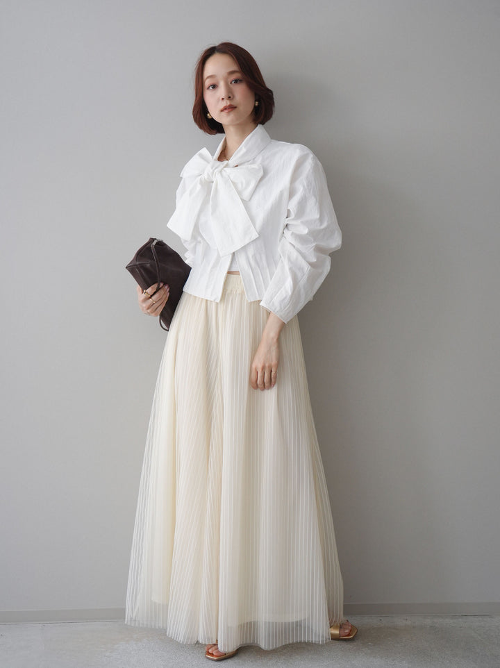 [SET]ボウタイ裾プリーツライトジャケット+ストライプチュールボリュームバギーパンツ(2set)