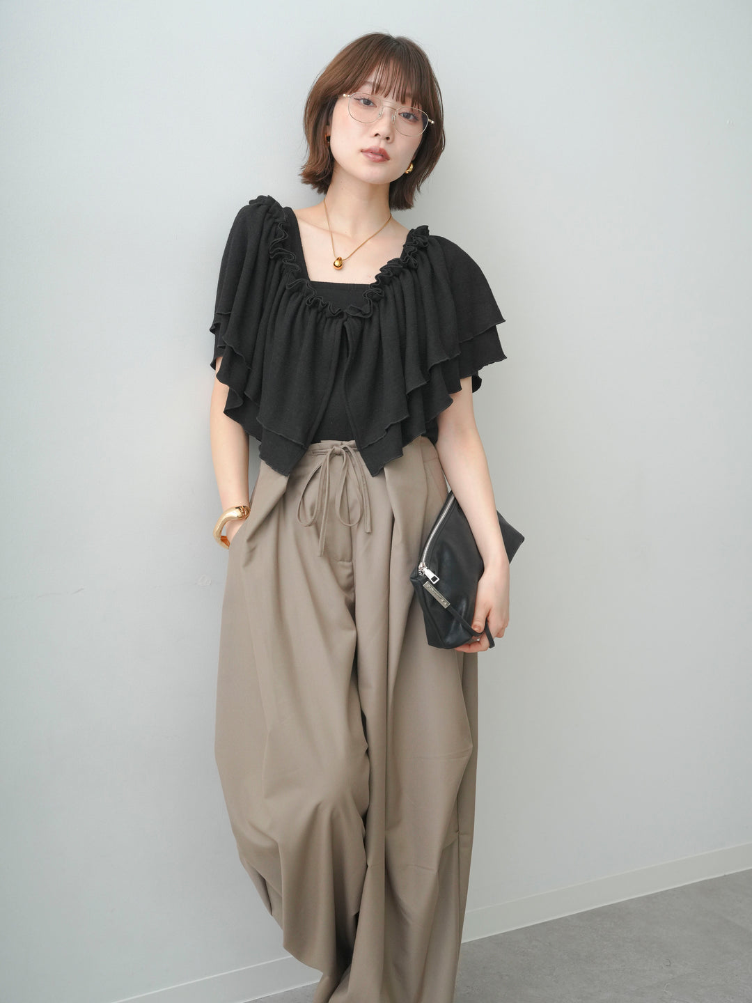 【套裝】三向垂褶上衣+腰帶環弧形褶襉闊腿褲（兩件套）