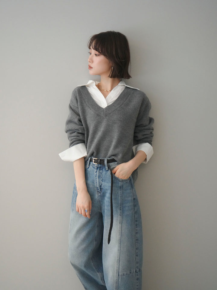 [予約]シャツドッキングVネックニットトップス/gray