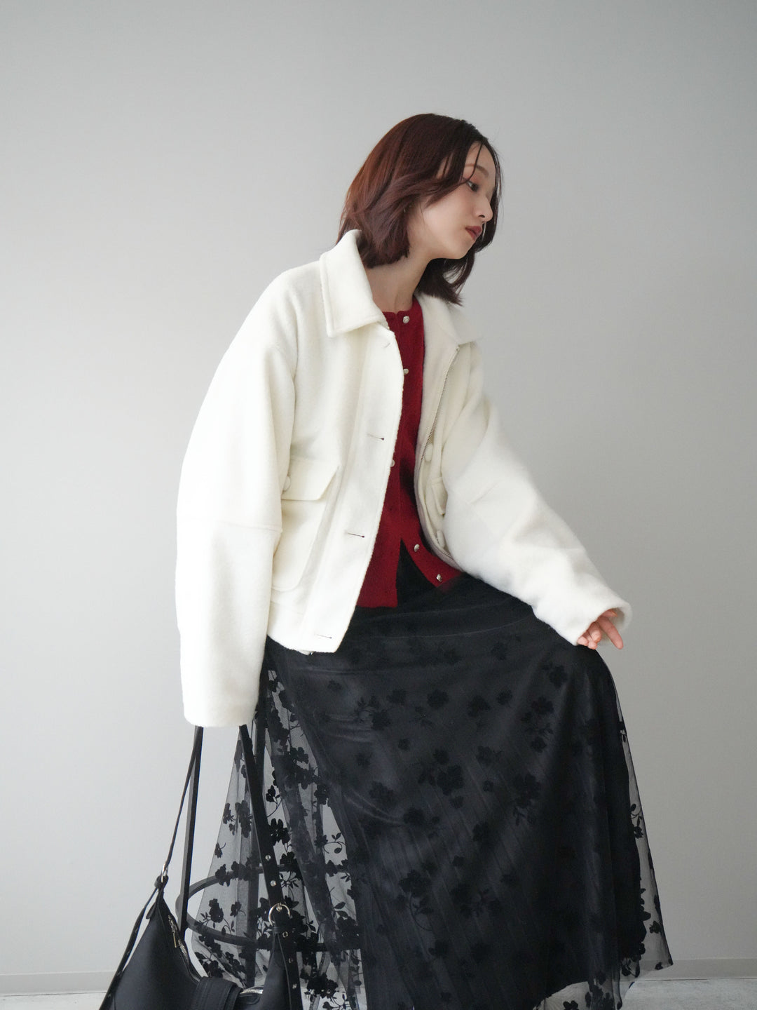 [SET]ウールライクフライトジャケット+アンティークボタンニットカーディガン+フラワーフロッキーチュールプリーツスカート(3set)