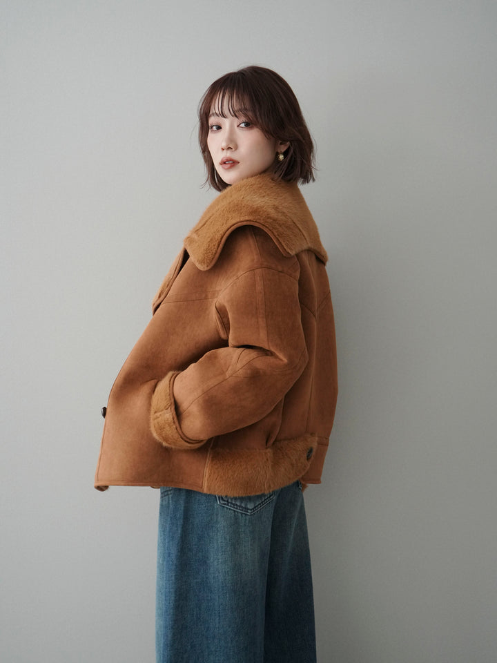 [SET]ムートンショートジャケット+ベルト付裏起毛カーブデニムパンツ(2set)