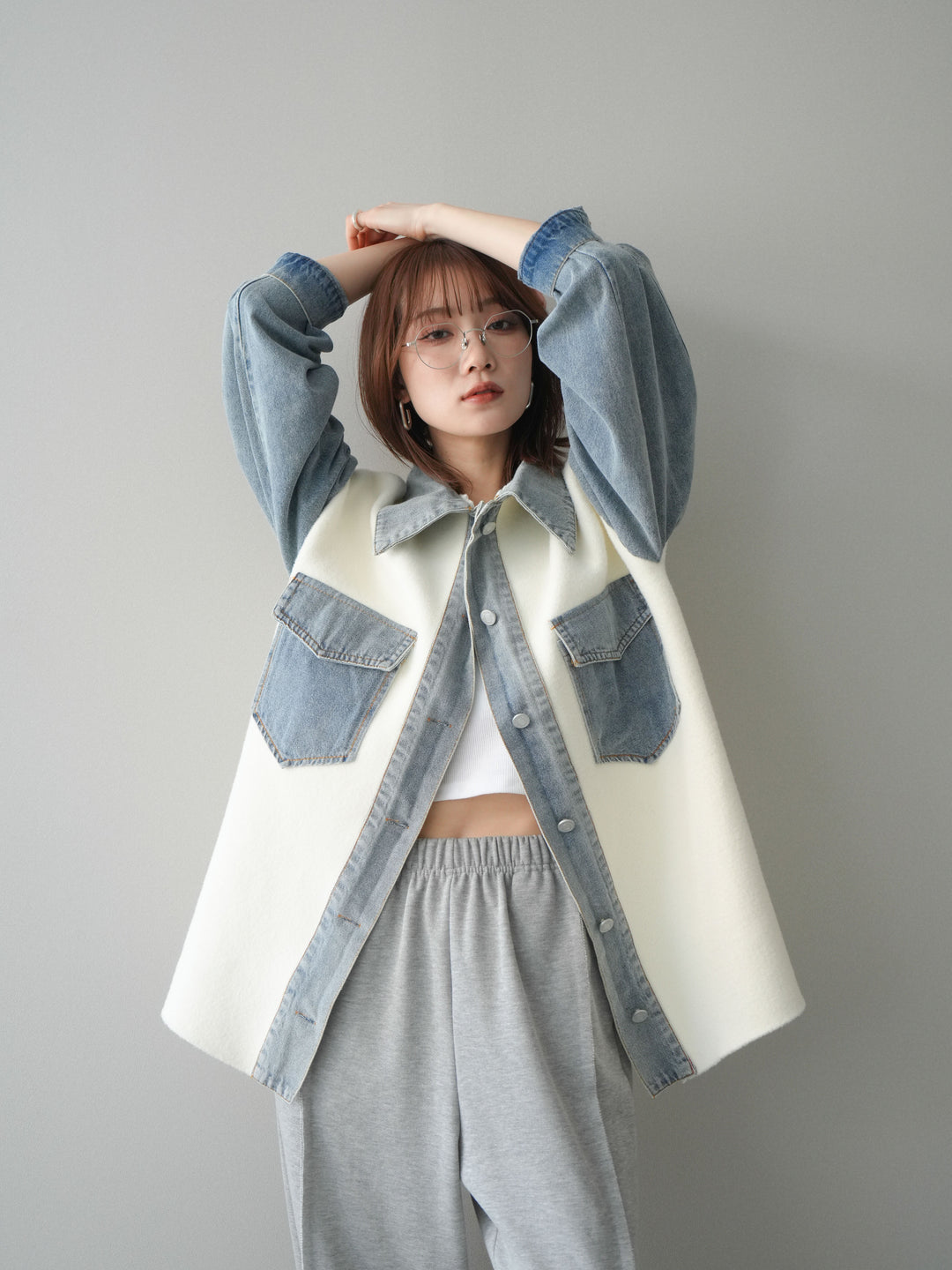 [予約]デニム襟ダブルフェイスニットカーディガン/white