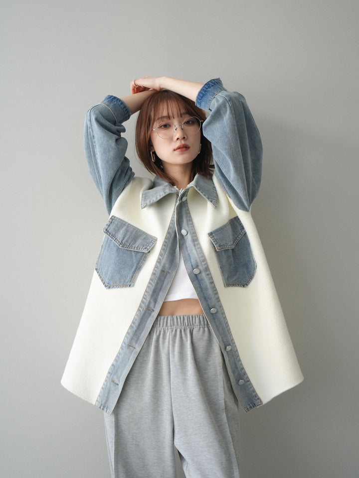 [予約]デニム襟ダブルフェイスニットカーディガン/white