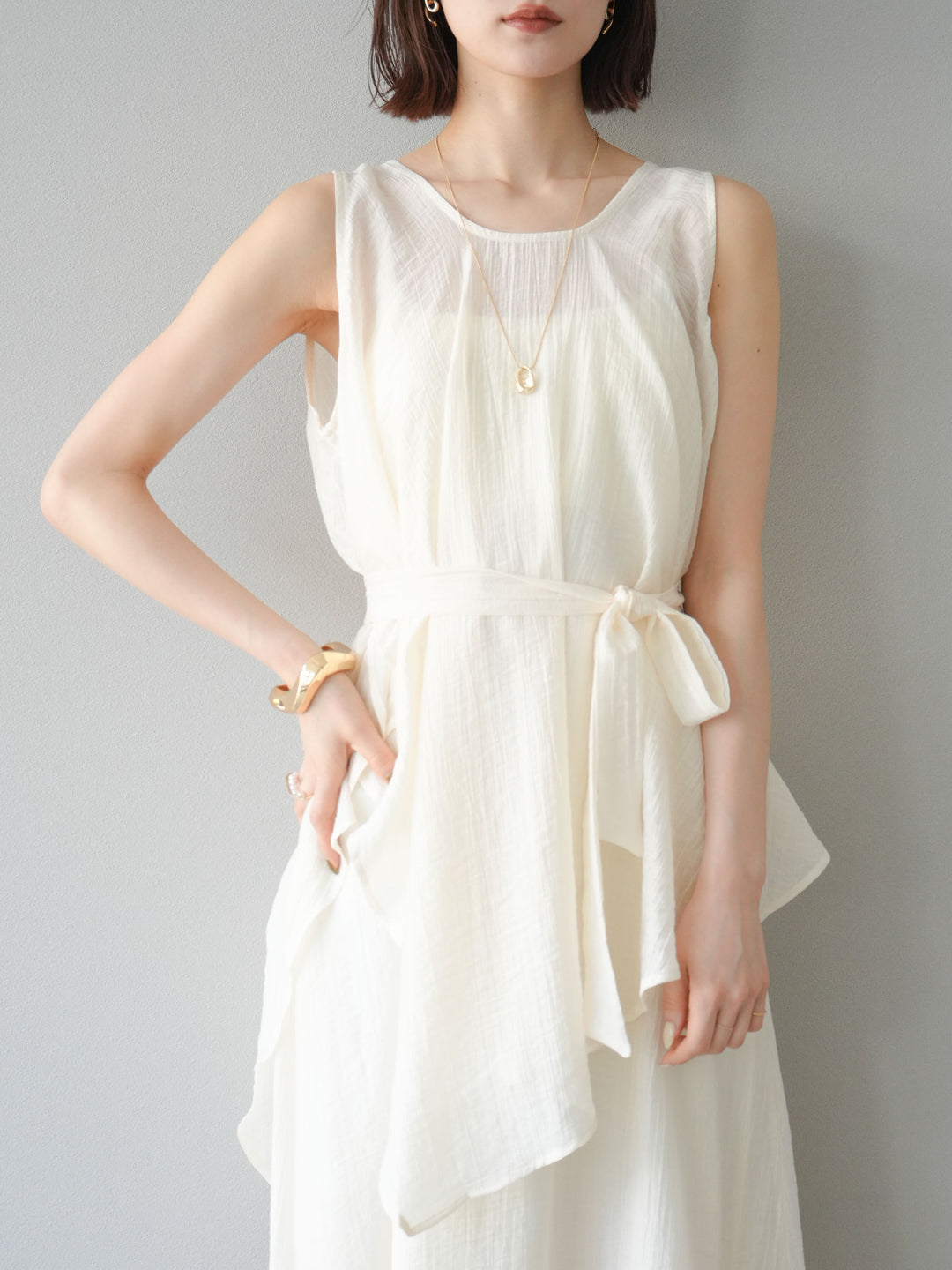 [SET]ワッシャーシアーアシメブラウス＆キャミワンピース+選べるアクセセット(2set)