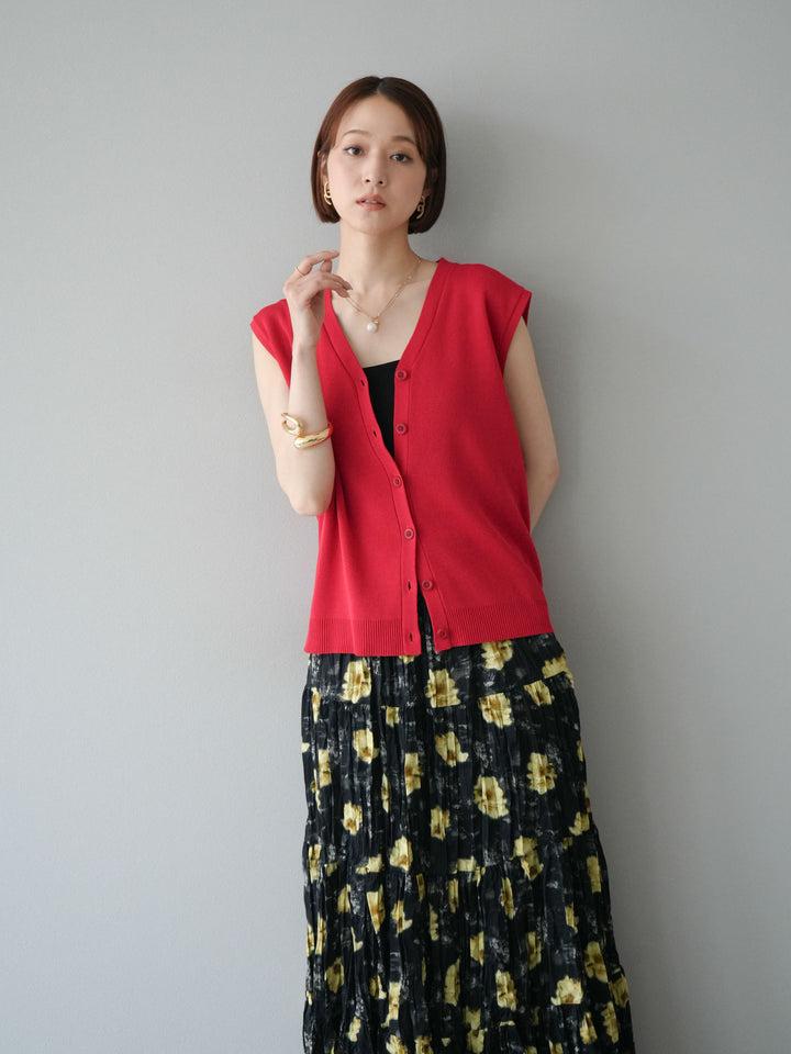 [SET] V領人造絲針織背心+花邊長裙（2件組）