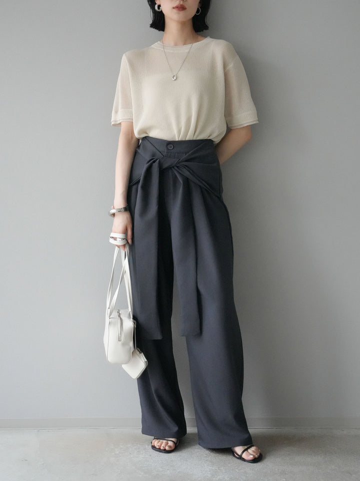 [SET]リネンタッチ配色二重臼ハーフニットトップス+ウエスト巻きデザインワイドパンツ(2set)