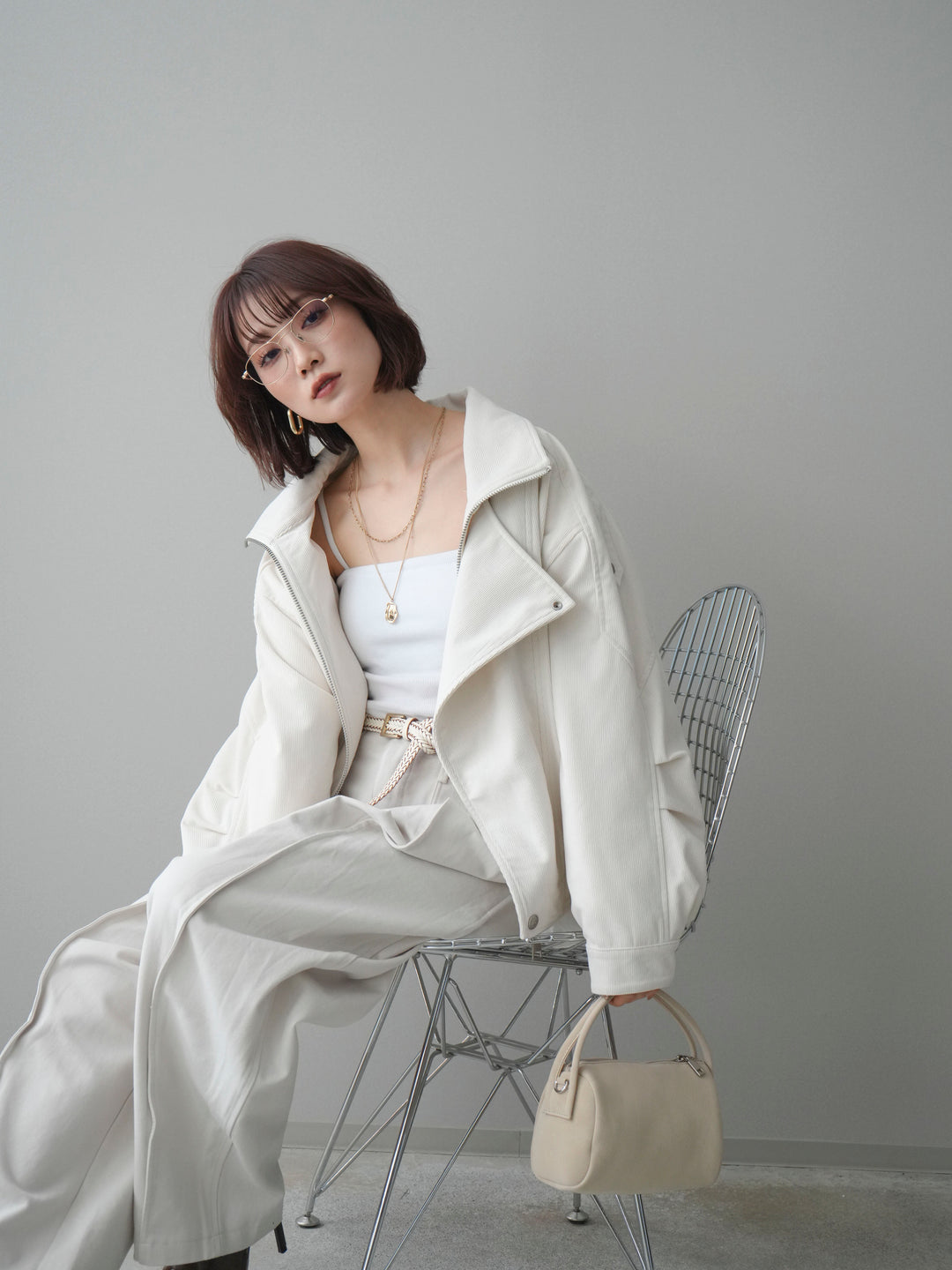 [SET]コーデュロイライダース裾レースブルゾン+カップ付テレコリブベアキャミソール(2set)