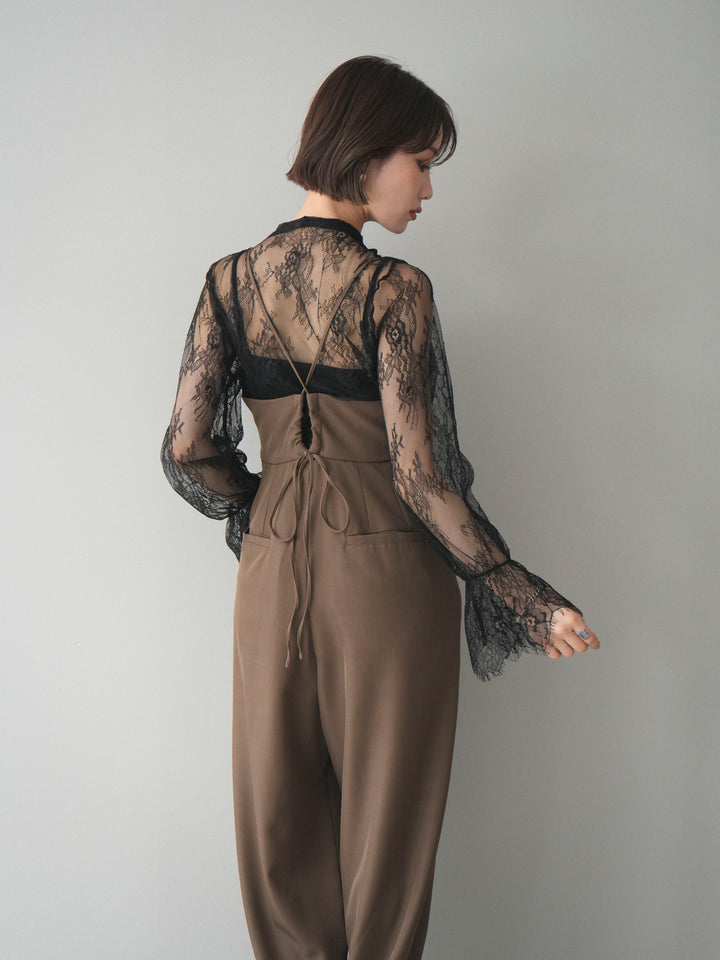 [SET]バックデザインサロペット+リバーレースボウタイトップス(2set)