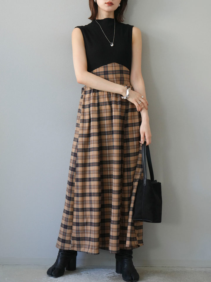[予約]テレコ×チェックドッキングノースリワンピース/ブラック×ベージュ
