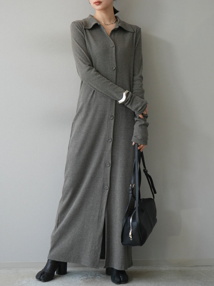 [予約]襟付きカットリブボタンワンピース/チャコール