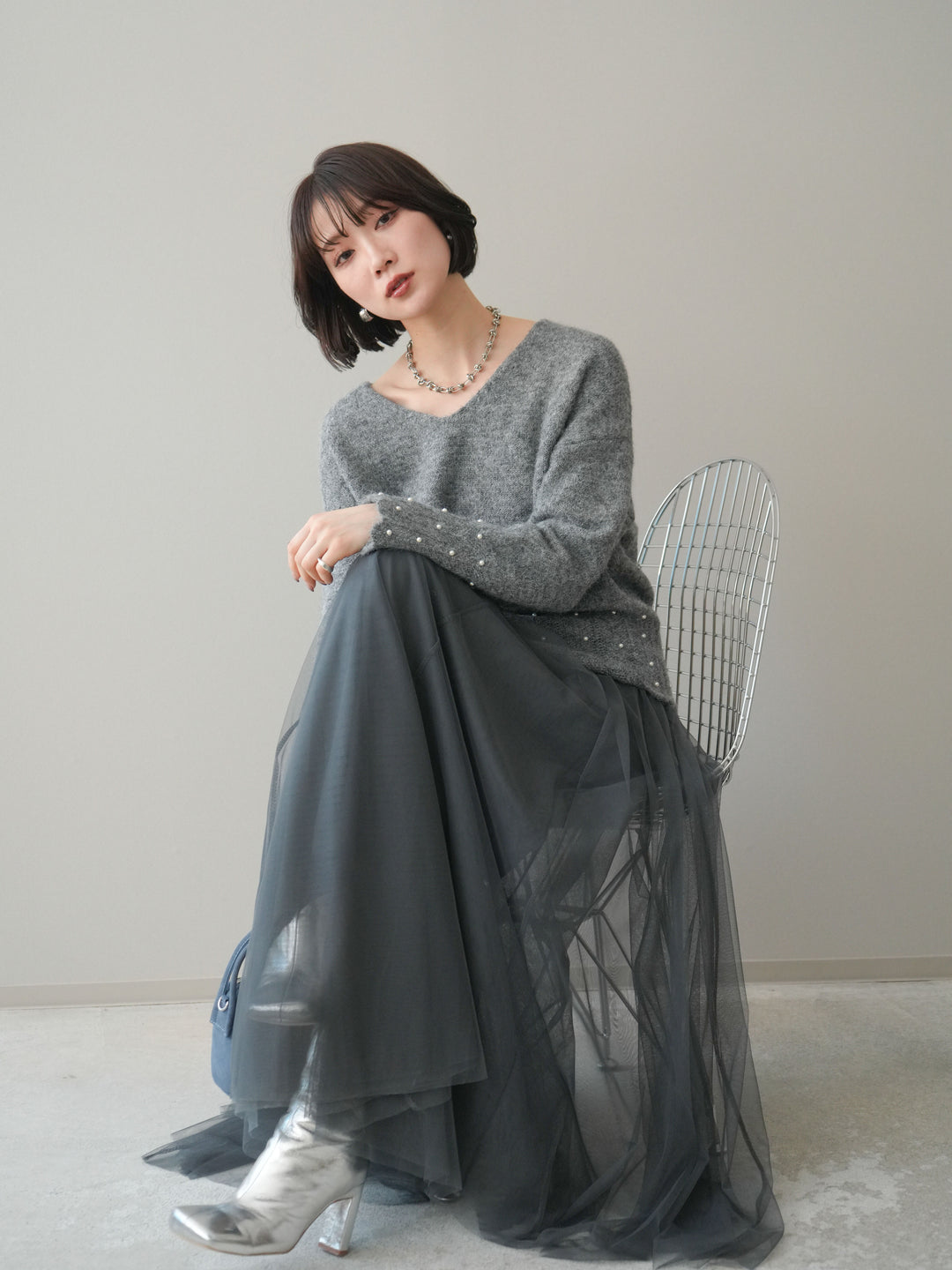 [SET]パールフリルリブヘムニットプルオーバー+選べるアクセセット(2set)