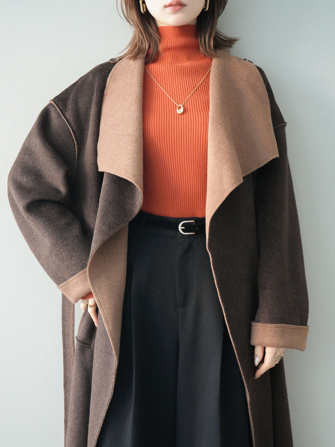 [予約]ダブルフェイスバイカラーロングコート/brown