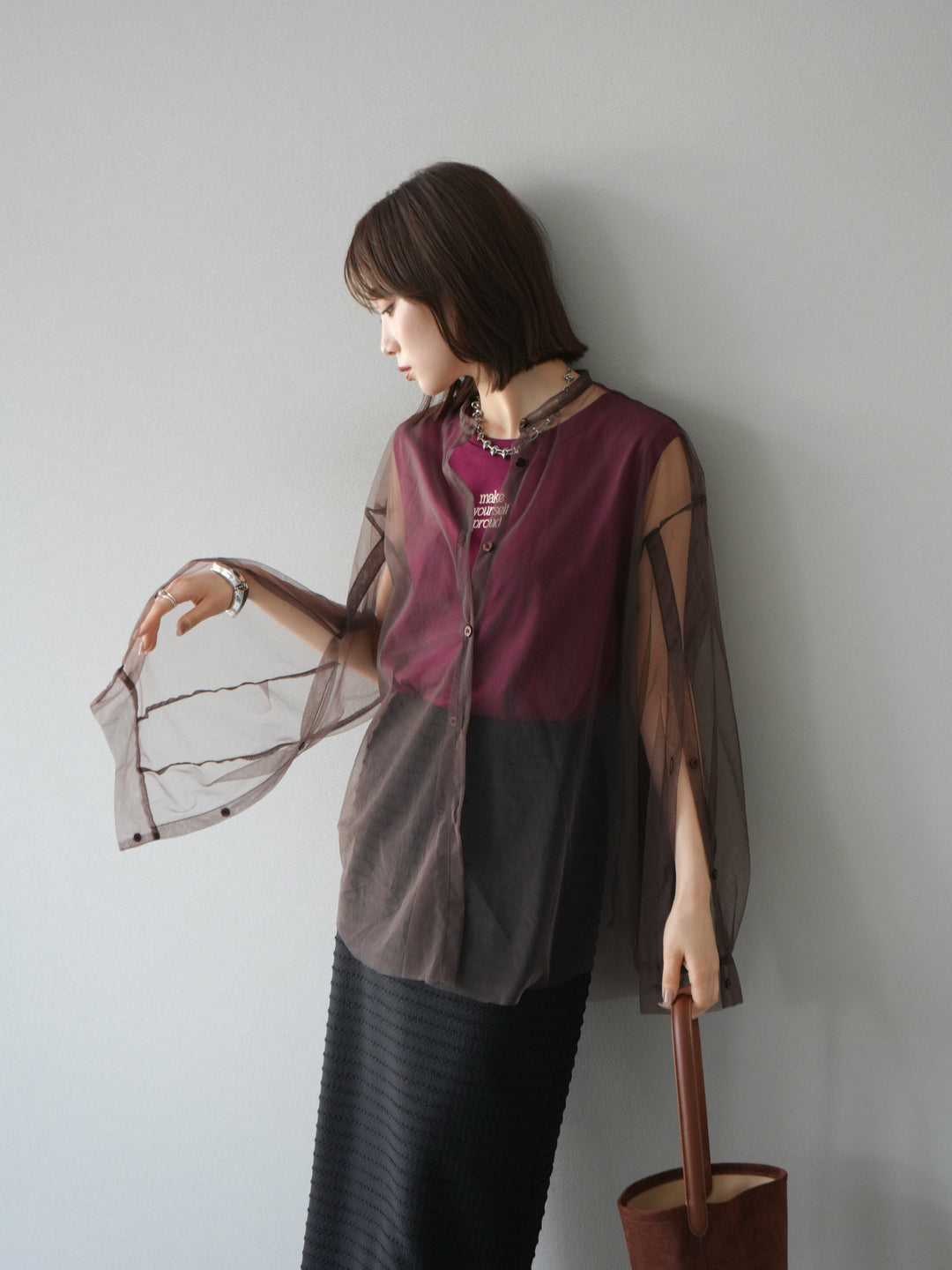 [予約]2WAYスリーブチュールシャツ/ブラウン