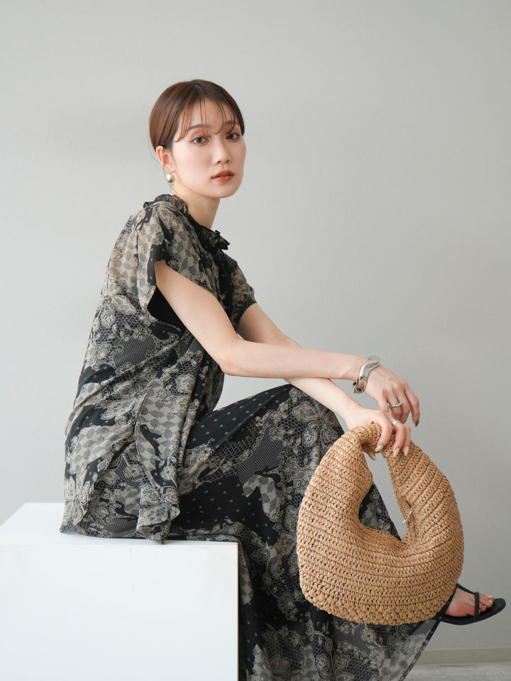 [SET] 花朵圖案法式袖襯衫 + 花朵圖案喇叭裙 (2 套)