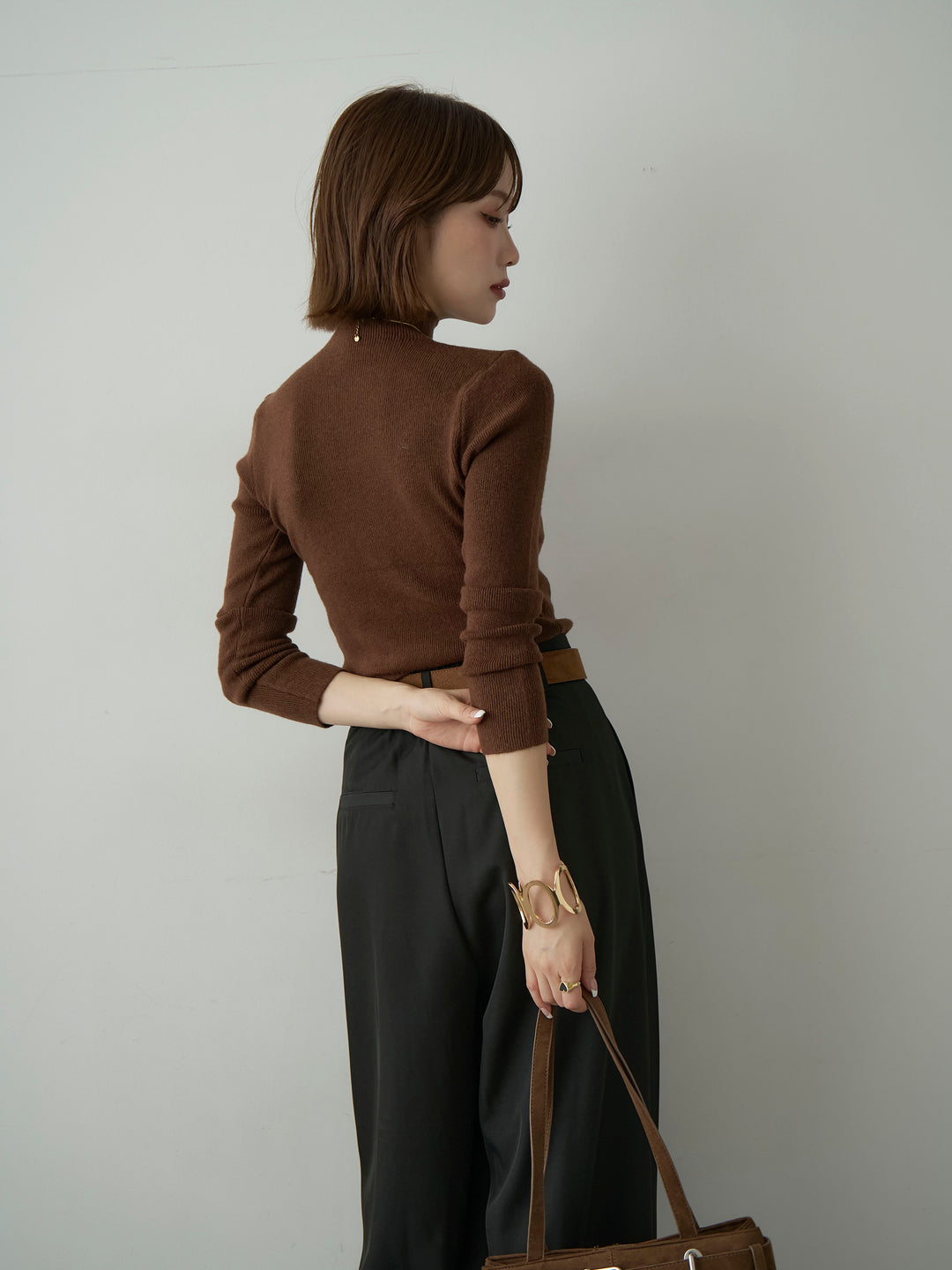 [予約]リブモックネックニットトップス/brown