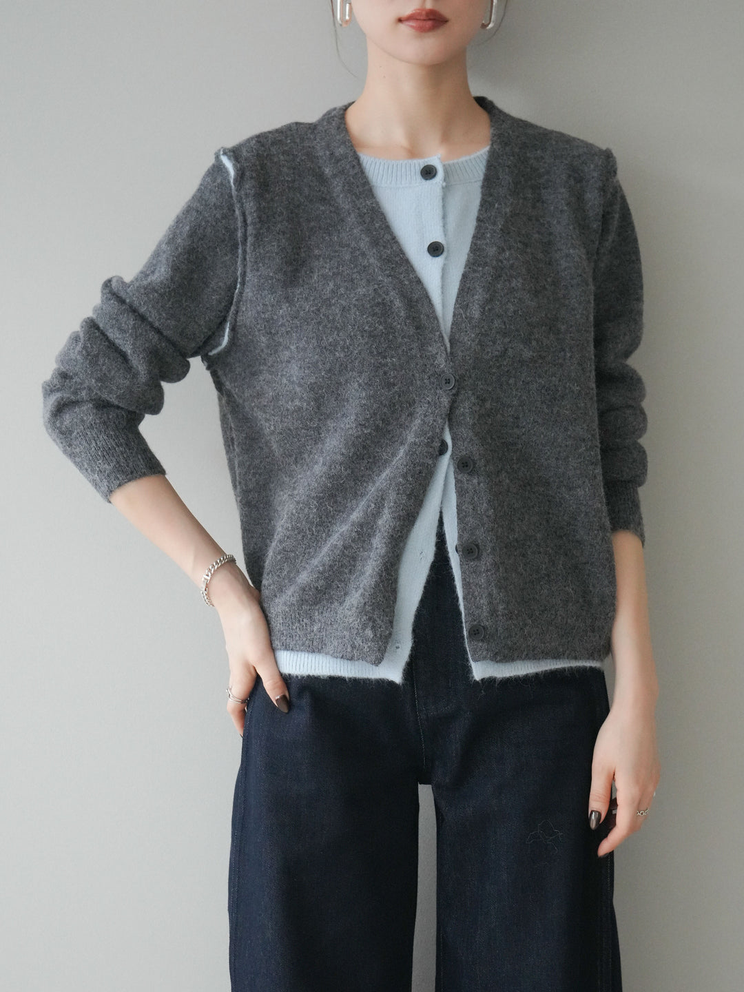 [SET]配色レイヤードニットカーディガン+選べるアクセセット(2set)