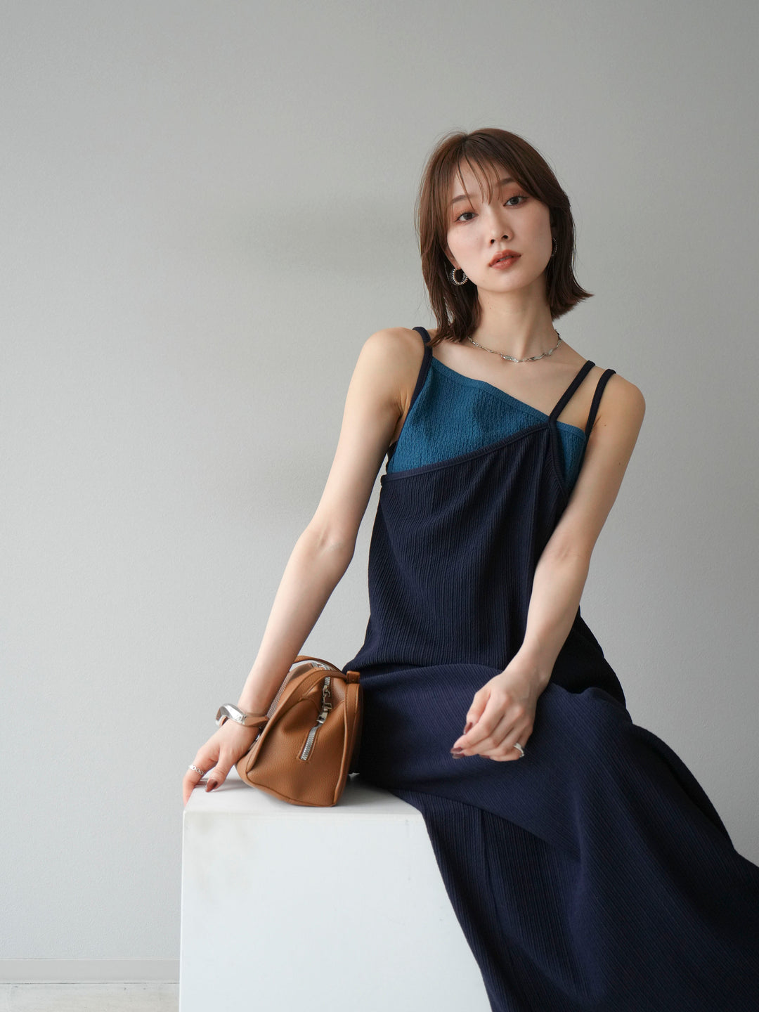 [予約]バイカラーレイヤードキャミワンピース/ネイビー